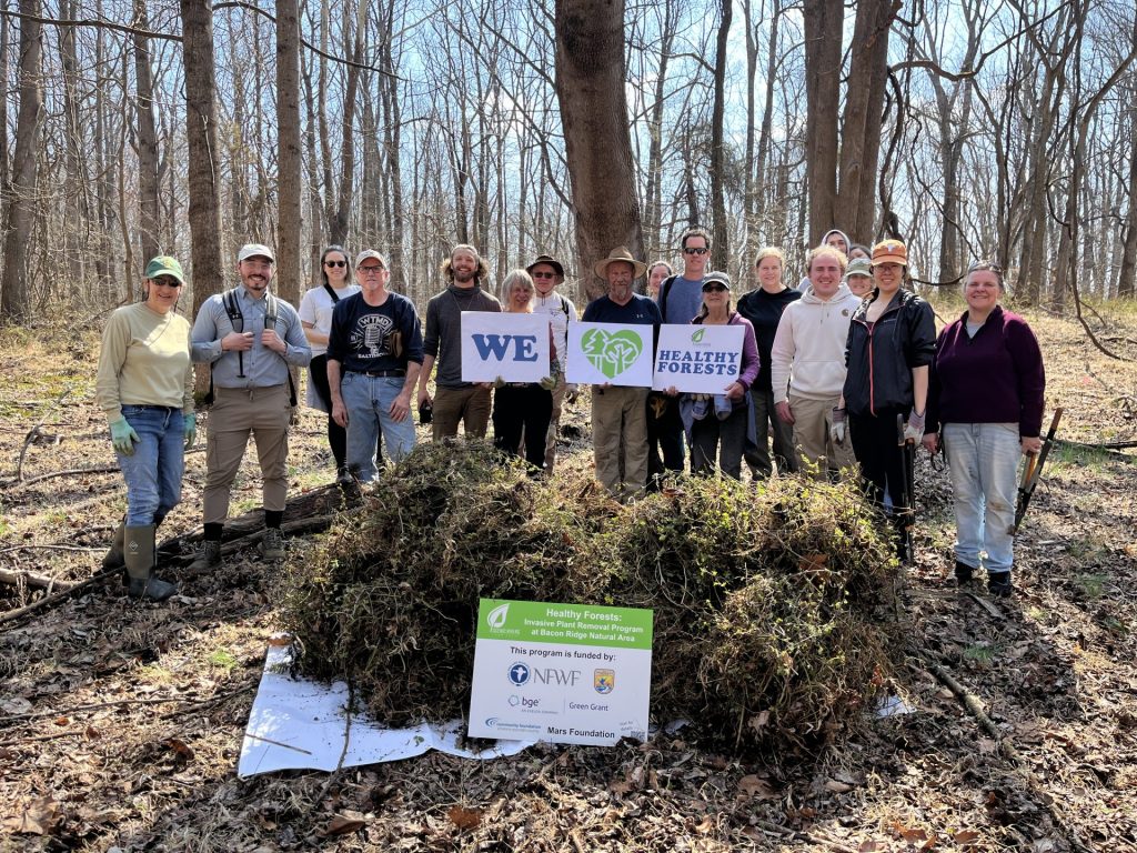 Group of volunteers pose with "We Love Healthy Forests" Signs in front of a large pile of removed invasive plant species.